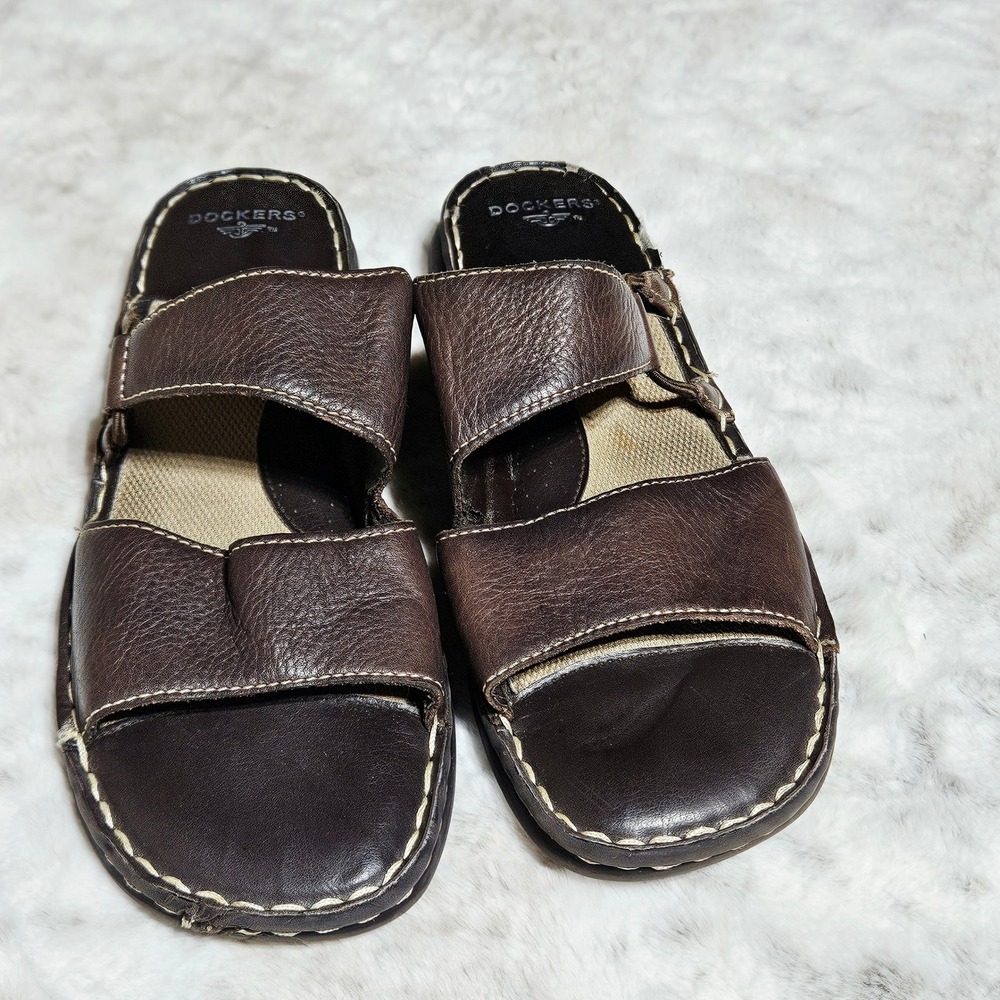Dockers Brown Leather Loopie Slide Sandals 11M Contrast Stitch Casual Gorp Boho